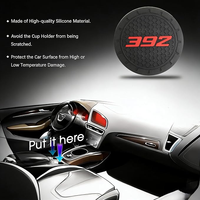2 Pack SRT 392 Car Cup Holder, Non-Slip Cup Coasters for Dodge Challenger Durango SRT 392 Fashion car Interior Accessories,Decorative Car Cup Mat, Diameter 2.75 Inch