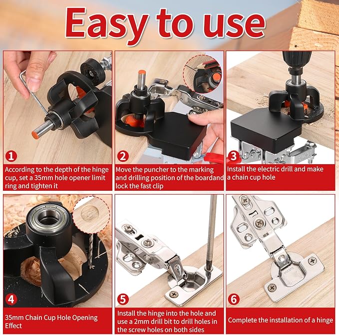35mm Concealed Hinge Jig, Aluminum Alloy Cabinet Hinge Jig with 2 Quick Clamp, Adjustable Quick Punch Cabinet Hardware for Woodworking Cabinet Door Hinges Mounting Tool