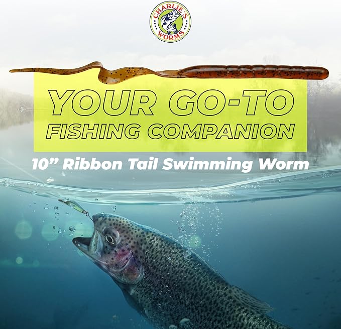 Charlie's Worms 10" Ribbon Tail Soft Plastic Worms for Bass Fishing, Freshwater & Saltwater Lures, Scented Swim Bait, Texas Rigged, Weedless, Large & Smallmouth, White Firetail, 6-Pack