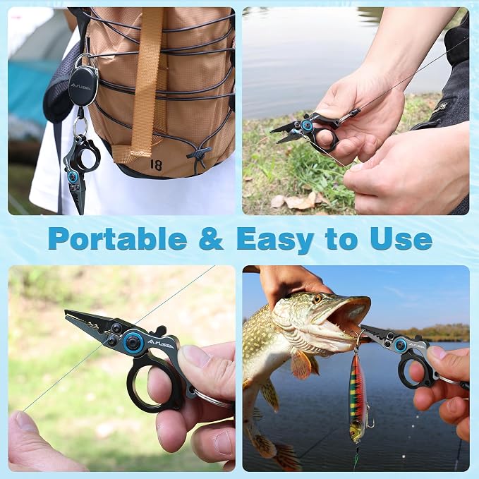 FLISSA Mini Fishing Pliers with Fly Fishing Zinger Retractor, Fish Hook Remover Tool, Split Ring Pliers for Saltwater & Freshwater, Tungsten Carbide Cutters, Fishing Gear Gift for Anglers
