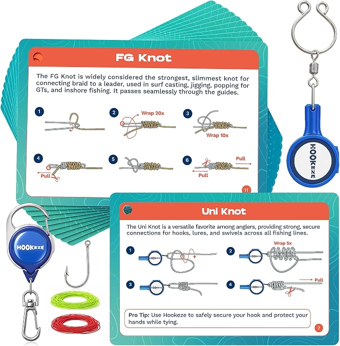 HOOK-EZE Complete Fishing Knot Tying Guide Kit|Includes Waterproof Guide to 13 Essential Knots, Knot Tying Tool, Practice Hook & Lines, Zinger Retractor|Fly Fishing Gifts & Stocking Stuffers for Men
