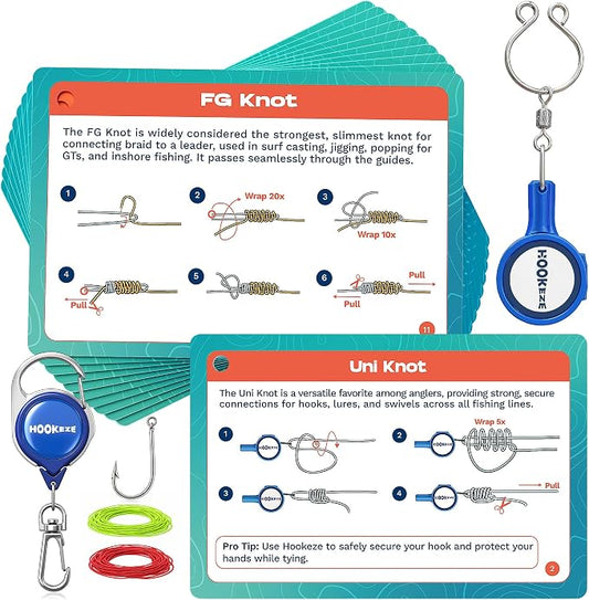 HOOK-EZE Complete Fishing Knot Tying Guide Kit|Includes Waterproof Guide to 13 Essential Knots, Knot Tying Tool, Practice Hook & Lines, Zinger Retractor|Fly Fishing Gifts & Stocking Stuffers for Men