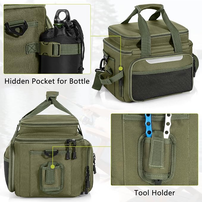 Fishing Tackle Bags with 4 * 3600 Tackle Trays - Saltwater & Freshwater Fishing Gear Bag Padded Shoulder Strap Tackle Box Bag (Green)