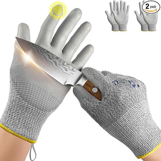 Dowellife Cut Resistant Work Gloves for Men & Women - ANSI A5 & EN388 Level 4, Breathable PU Coated, Grey Non-Marking - for Gardening, Fishing, Automotive, Construction, Wood Carving (Large, Grey)
