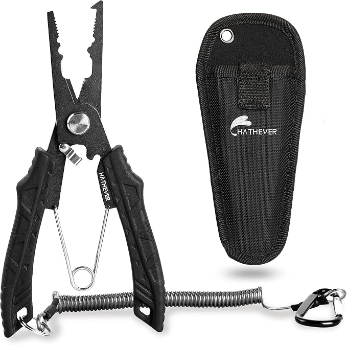 Saltwater Fishing Pliers, Split Ring Pliers for Fishing with Safety Lock, Fish Pliers with Sheath and Lanyard, Fishing Gifts for Men