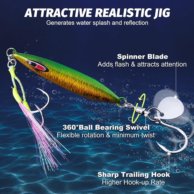 Goture Slow Pitch Jigs, Glow Flat Fall Jig Fishing Lure with Double Assist Hooks and Swivel, Fishing Jigs Saltwater 40g-250g Deep Sea Fishing Jigging Lures for Tuna,Dogtooth Tuna, Yellowtail,Kingfish