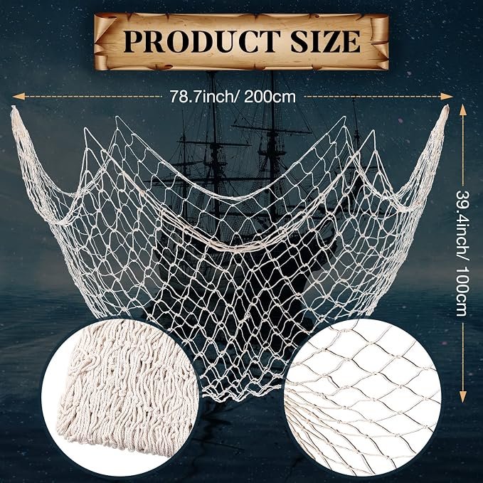 Boao 10 Pieces Fish Net Decorative 80 x 40 Inch, Fishing Net Decor Natural Party Decoration Nautical Themed Cotton Accessory Pirate Netting Hawaii Beach Halloween Theme Party Supplies