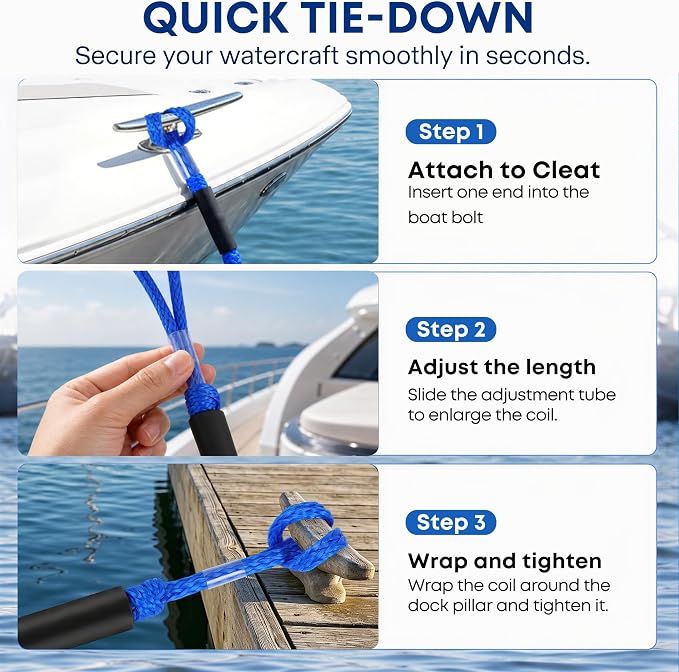 Boat Bungee Dock Lines, Scratch-Free Loop Ends Mooring Rope, Shock Absorbing Pontoon Tie Down Accessories Compatible with Models for Jet Ski（3ft-2 Pack-Blue）