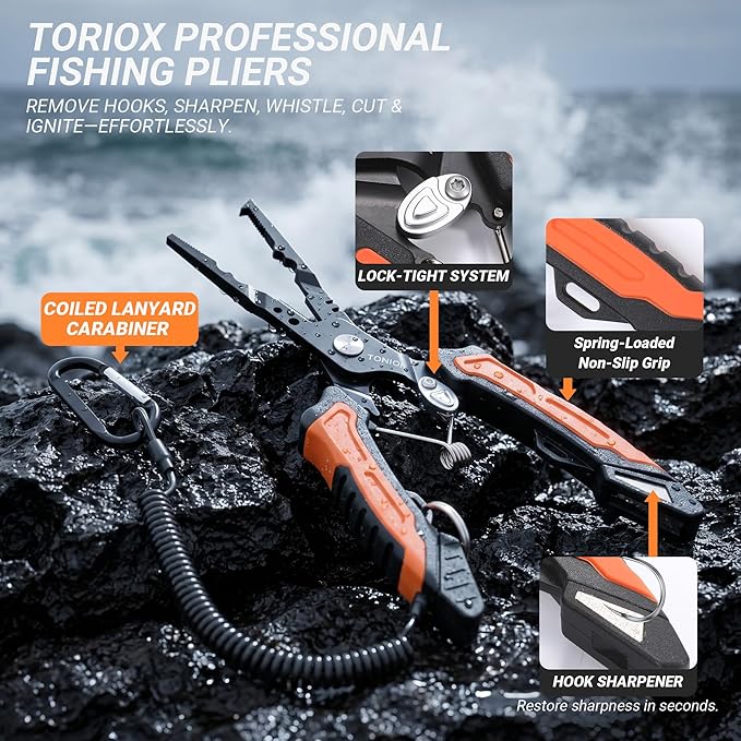 TORIOX Fishing Tool Kit with Fishing Pliers, Fish Lip Gripper, Fillet Knife & Braid Scissors, Saltwater Freshwater Fishing Accessories Set, Fishing Gear Gift for Men
