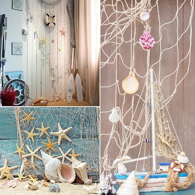 Fangoo 79x39 Inch Nautical Fishing Net Wall Decorations for Under the Sea Party with Shells and Starfish Crafts Bathroom Ceiling Table Decor for Beach Ocean Pirate Wedding Themed Party (beige)