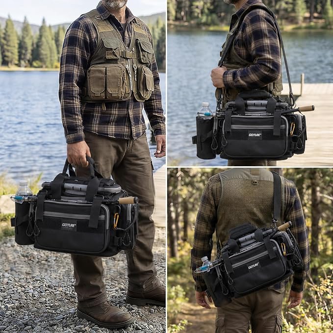 Goture Fishing Tackle Bag, 600D Water-Resistant Soft Side Crossbody Sling Bag with Rod Holder,Small Gear Storage Tactical Bags for Saltwater & Freshwater,Fits 4 3600 Tackle Boxes (Not Included)