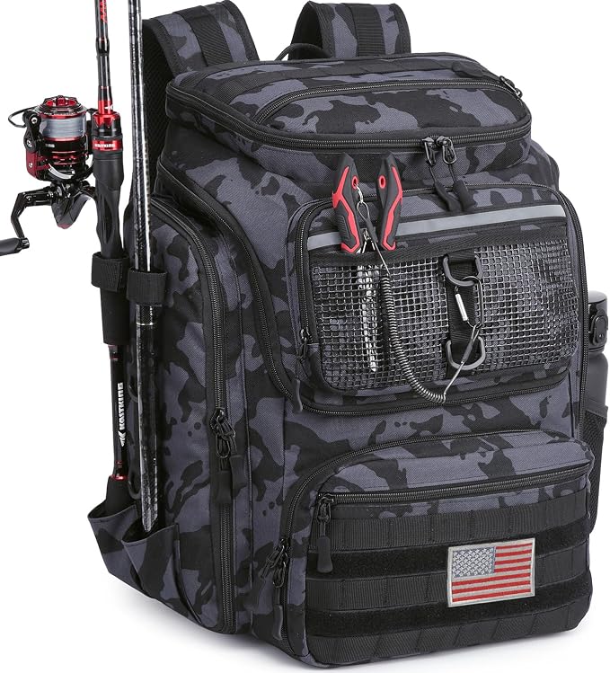 HAMBOLY Fishing Backpack 45L with Rod Holders, Water-Resistant Tackle Backpack for Fishermen, Large Capacity Fishing Gear Bag for Travel Hiking Camping