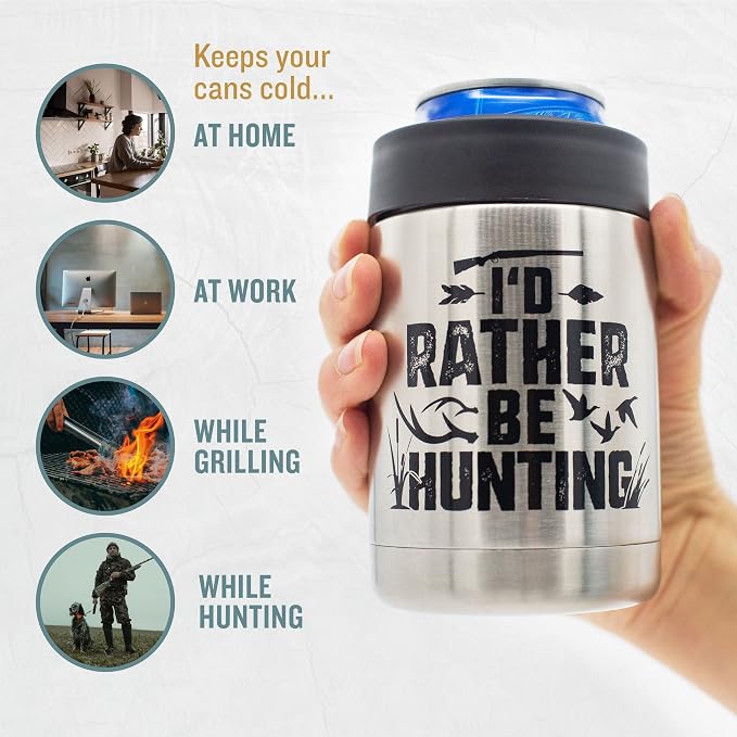 "Rather Be Hunting" Insulated Can Cooler - Great Hunting Gift for Men, Unique Birthday or Christmas Idea for Deer, Bear, Duck, Bird, and Camo Coolie Loving Dads and Bow Hunters, USA-Owned Company