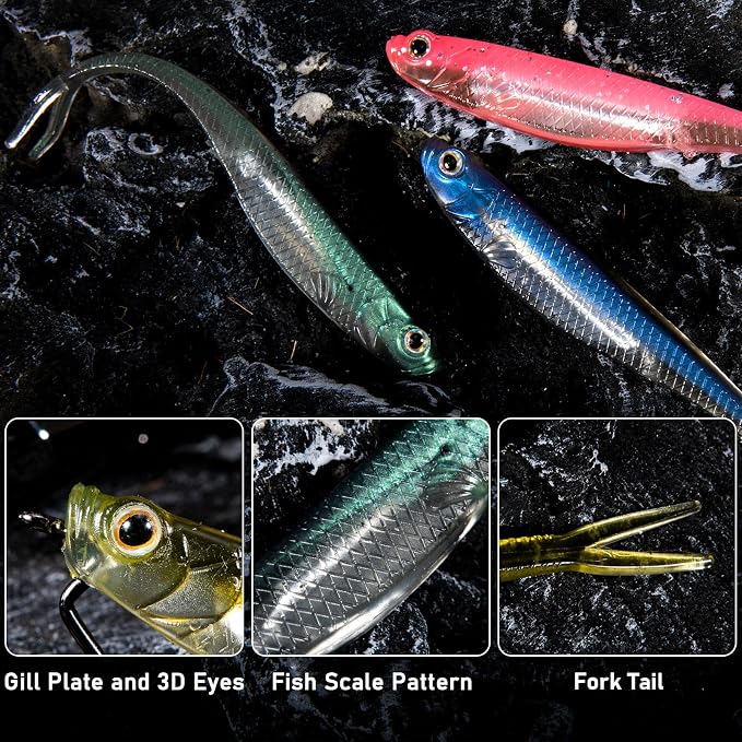 Dr.Fish Soft Plastic Baits, Fork Tail Soft Jerkbait Minnow Lures, 3 to 4-3/4 Inches Soft Swimbaits Jerk Shad Baits Crappie Bass Fishing Lures