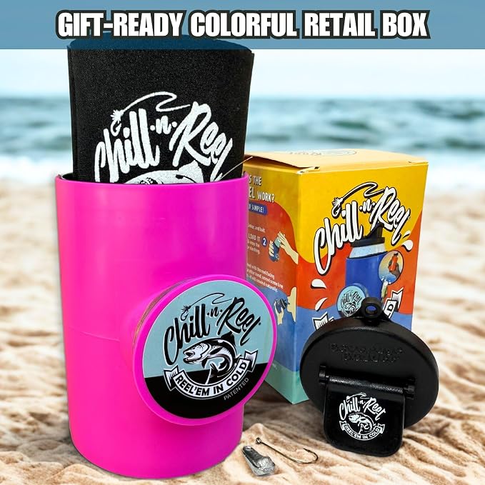 Made in USA | Fishing Can Cooler from Shark Tank | Hard Shell Drink Holder with Hand Line Reel | Fits Most Can Sleeves or Coozies | Unique Fishing Gift for Men | Retail Box Packaging | Pink