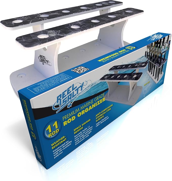 Rush Creek Creations Reel Salty Gray/White/Blue 11-Rod Marine Grade Fishing Rod Holder - Bi-Level Design, UV-Resistant, 100% Waterproof for Garage and Dock