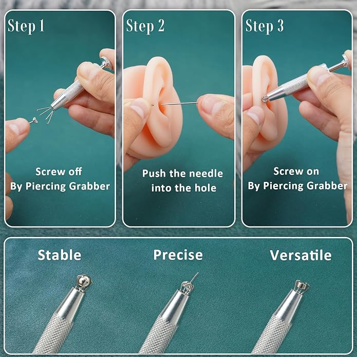 Upgraded Anti-Slip Piercing Ball Grabber Tool with Ergonomic Design for Changing Jewelry, Stainless Steel Jeweler Pick Up Tool 4 Claw Gem Piercing Changing Tool Body Piercing Kit for Ear Nose Lip