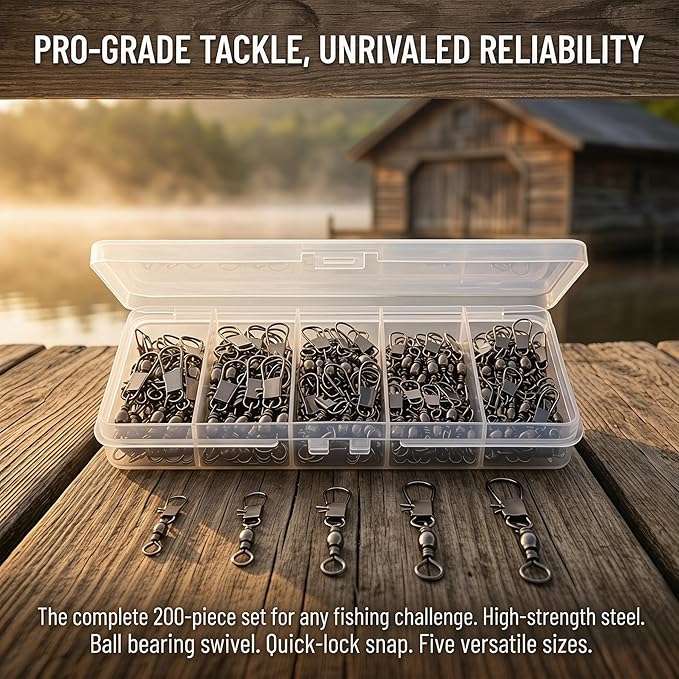 200PCS Barrel Snap Swivel Fishing Accessories, Premium Fishing Gear Equipment with Ball Bearing Swivels Snaps Connector for Quick Connect Fishing Lures