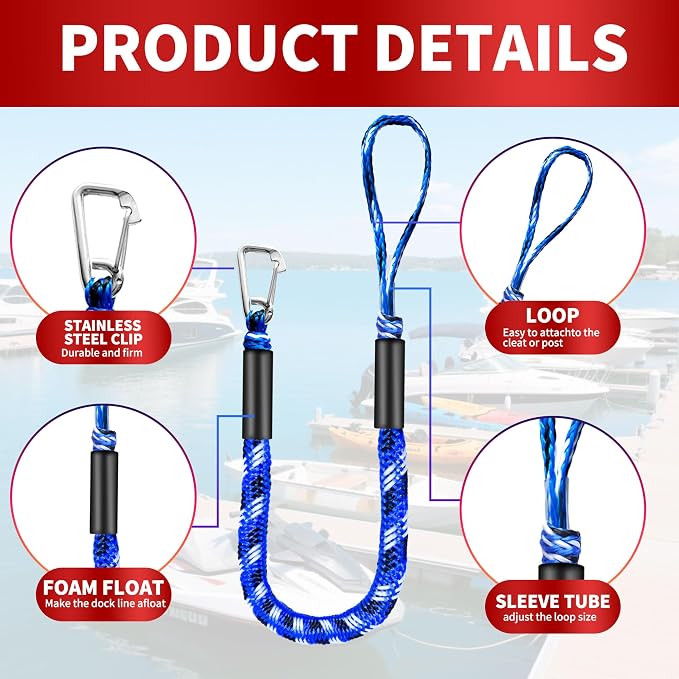 Bungee Dock Line with Stainless Steel Clip – Boat Dock Rope with Foam Float for Kayak, Canoe, Pontoon, Watercraft, SeaDoo, Docking – 4–5.5 ft, 2 Pack（Blue&White）