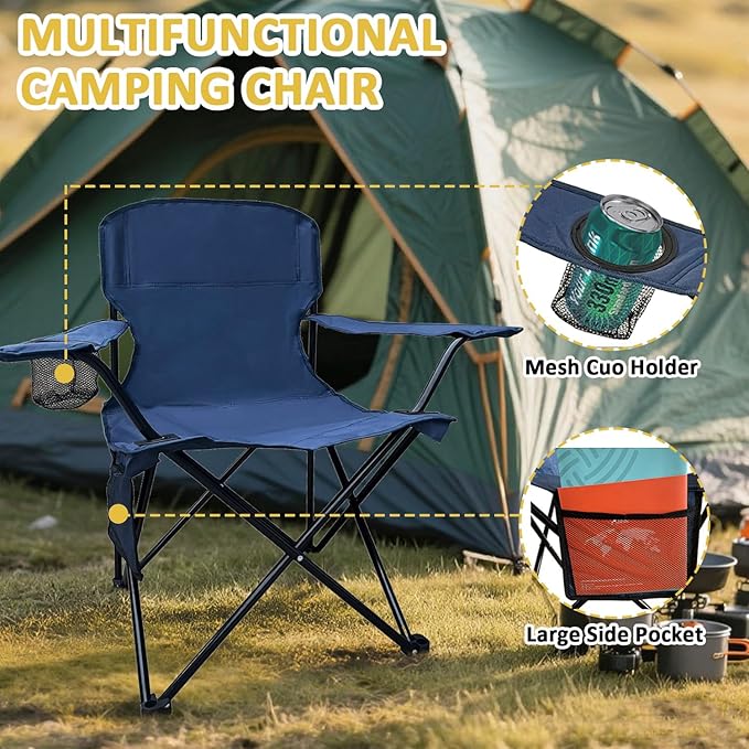 Folding Camping Chair with Cup Holder & Storage Bag, 225lbs Capacity, Large Anti-Sink Feet, Breathable PE Coated Fabric for Outdoor, Hiking, Beach, Fishing, Backpacking, 2PCS Cyan