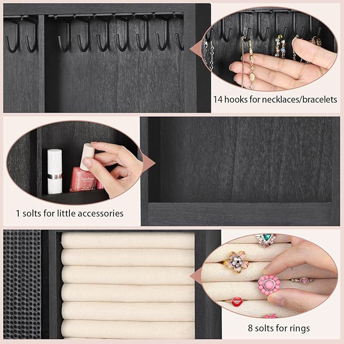 Keebofly Wall Mounted Jewelry Organizer With Rustic Wood Large Space Jewelry Cabinet, Holder, Storage Box for Necklaces, Earrings, Bracelets, Ring Holder, and Accessories Black