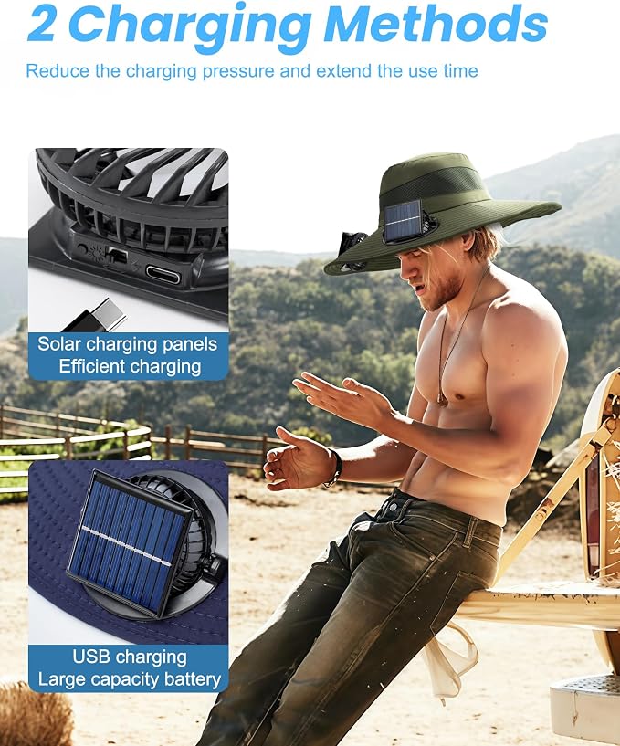 Wide Brim Sun Hat with 2 Solar Fans for Men Women UPF 50+ Garden Outdoor Fishing Beach Essential