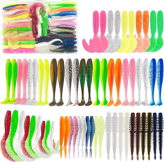 Soft Fishing Lures Kit Paddle Tail Swimbaits Plastic Worms Set Mixed Color Minnow Jerkbait Bass Lure Baitsfor Trout,Walleye,Crappie