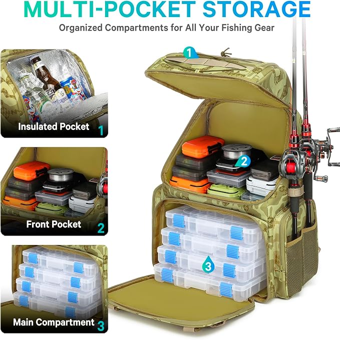 RUCYEN Fishing Backpack, 45L Large Cooler Fishing Tackle bag with Rod Holders & Rain Cover, Water-resistant Store Gear (Khaki Camo)