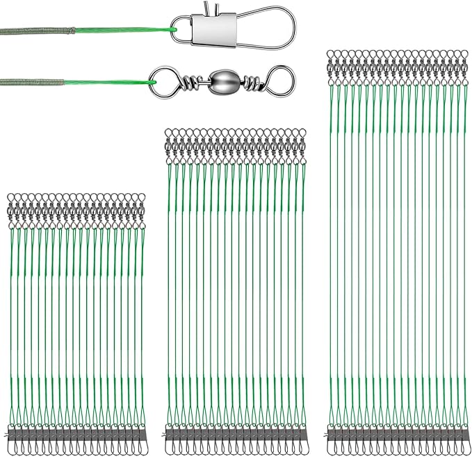 Fishing Leaders with Crane Swivel and Snaps, 60 Pcs 8in/10in/12in Fishing Wire Leaders, Saltwater/Freshwater, Leader line for Carp, Pike, Catfish, Muskie, Walleye, Bass, Mackerel, Snapper, etc (Green)