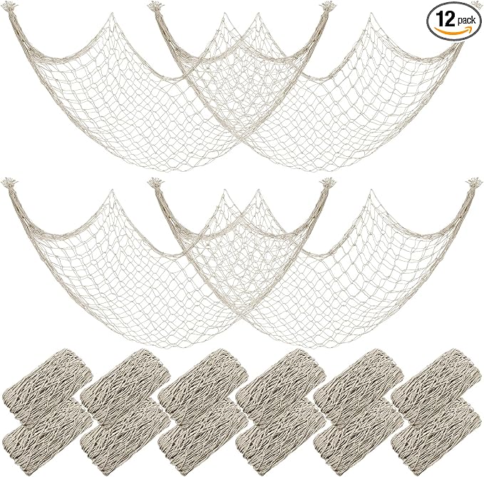 12 Pack Decorative Fish Netting for Party 80 x 40 Inch Natural Cotton Fish Net Decorations for Pirate Ocean Under The Sea Hawaiian Mermaid Party Picture Wall Hanging Decoration(White)