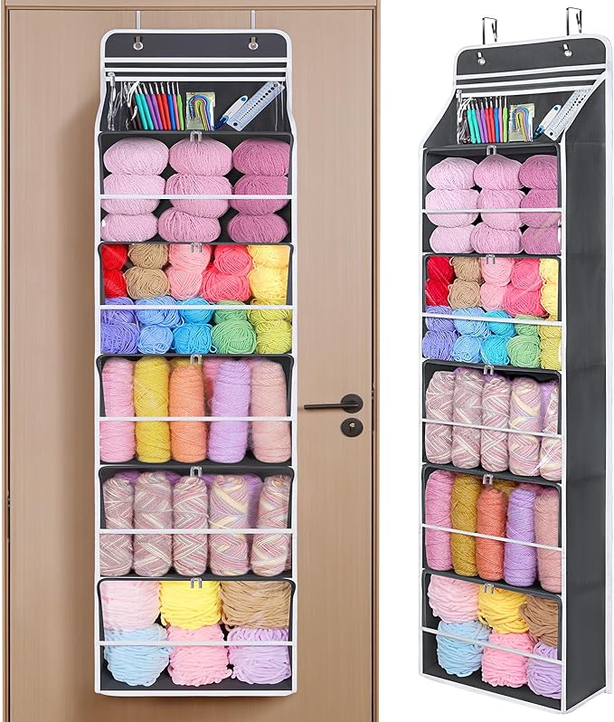Univivi Hanging Yarn Storage Organizer with 6 Zipper Closure Compartments, Large Capacity Knitting Organizer Storage, Over The Door Hanging Yarn Holder for Knitting Needles, Crochet Hooks (Dark Grey)