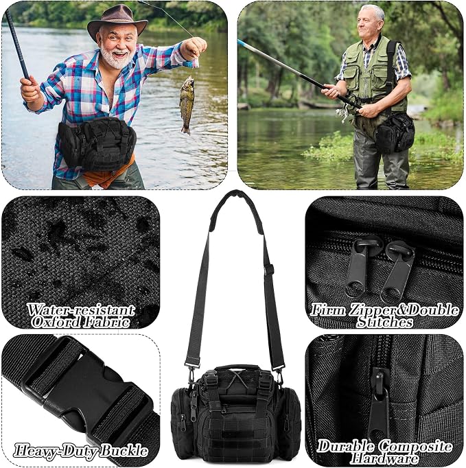 Sosation 482 Pcs Gifts for Men Fishing Gear Equipment Sling Tackle Bag for Father Day Lightweight Fishing Backpack Tackle Box Included Fish Hook Remover Tool Lures Lip Gripper(Black)
