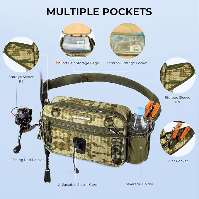 KastKing BaitSpace Waist Bag – Waterproof Tackle Storage Bag With Adjustable Belt, Fishing Fanny Pack for Men, Soft Bait Organizer, 3600 Utility Box, Rod Holder, Nylon