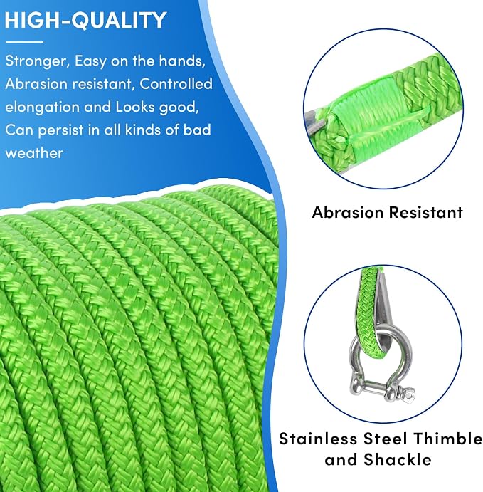 Boat Anchor Rope 150 ft x 1/2 inch Grass Green, Double Braided Anchor Line with Stainless Steel Thimble & Shackle, Marine Rope Ideal for Towing, Mooring, Decks, Anchoring, for Boats Up to 35'