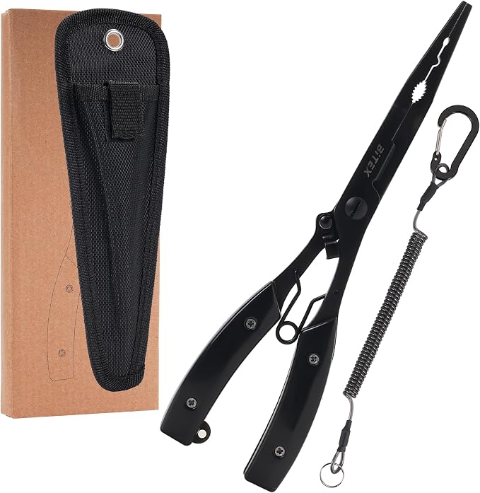 BiteX Saltwater Long Nose Fishing Pliers with Braid Cutter & Hook Remover | Titanium-Coated Stainless Steel, Extended Reach, Better Control, Deep-Set Hook Remover, One-Hand Operation, Lanyard & Sheath