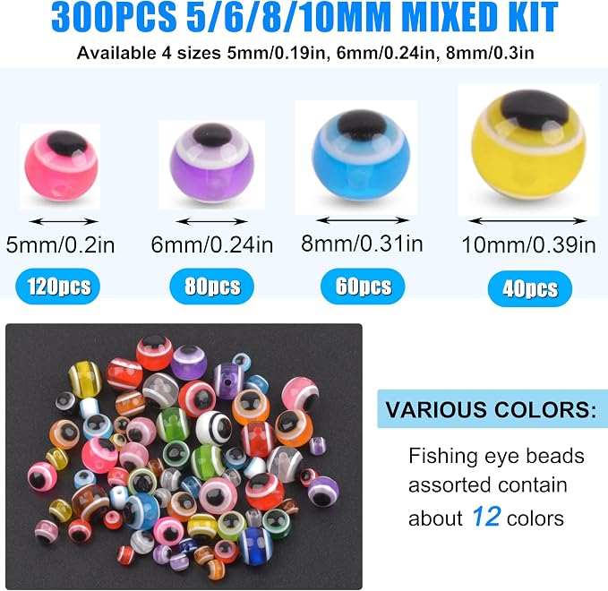 Fishing Beads Assortment Kit Hard Plastic Fishing Line Beads Bait Eggs for Texas Carolina Rigs Fish Rigs DIY Kit, 300pcs Mix, 8mm 200pcs