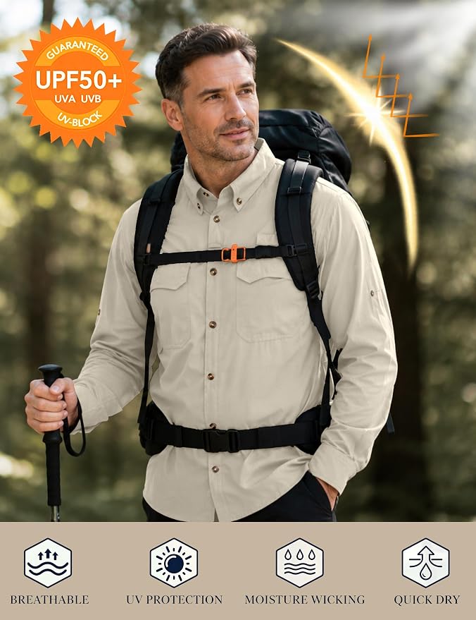 Roadbox Men's Sun Protection Fishing Shirt, Long Sleeve Cool Dry Lightweight UPF 50+ Shirts for Hiking Safari Camping Travel
