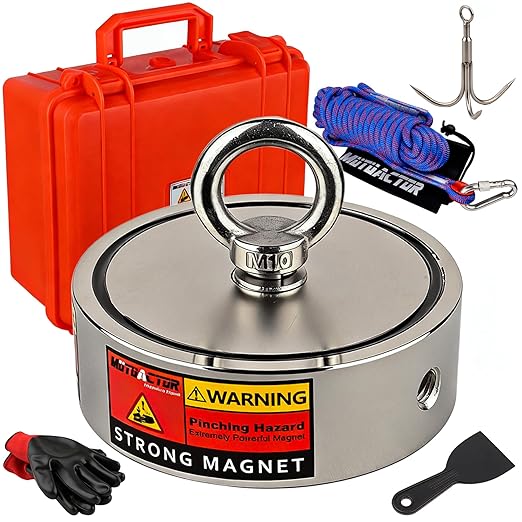 MUTUACTOR Fishing Magnet Kit Heavy Duty, Super Strong 2000lbs Double Sided Neodymium Magnet,Φ3.81”Permanent Rare Earth Magnets Fishing with 65FT Rope Gloves for Hunting Retrieval Underwater Searching