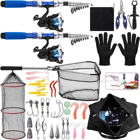 51 Pcs Father's Day Fishing Rods Combo 6.89ft Telescopic Freshwater Pole Set with Plier Lip Gripper Lures Carrier Bag Pre Loaded Spinning Reel with Freshwater Rod Reel Kit Men Gift