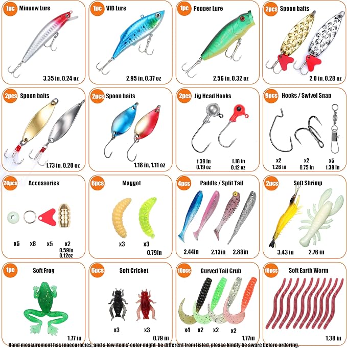 EXAURAFELIS Fishing Lures,Tackle Box with Tackle Included, Crankbaits, Spoon, Shrimp Worm Bait, Hooks,Weights & Other Accessories, Fishing Lures kit Lure Set for Bass Trout Salmon