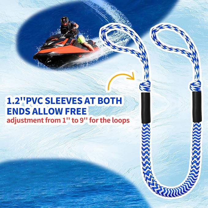 2-Pack Bungee Dock Lines for Boats with Loops, Boat Tie Downs for Docking, Adjustable Boat Mooring Rope for Pontoon, Jon Boat & PWC (Blue & White Waves, 4 FT)