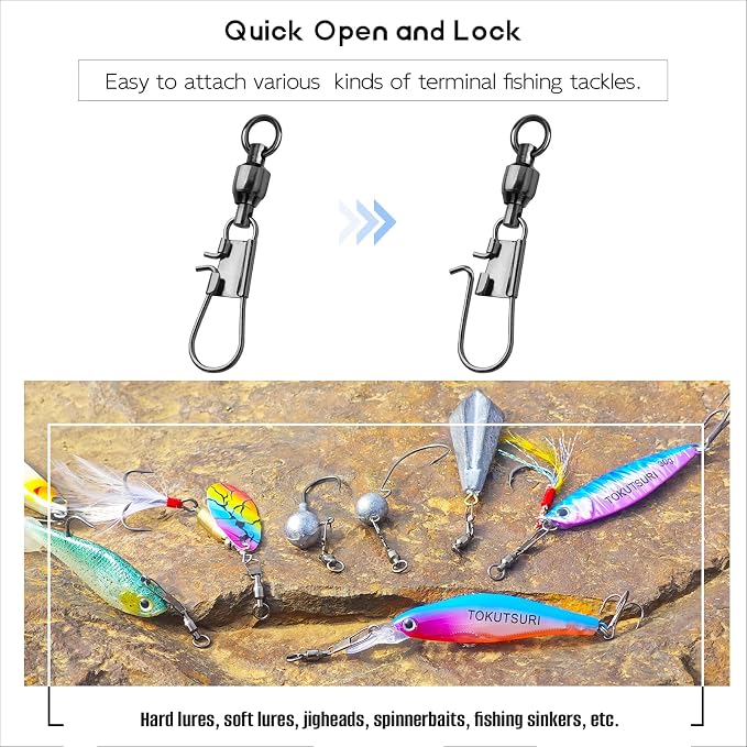 Ball Bearing Snap Swivels Fishing Saltwater Freshwater Snap Swivels Fishing Tackle Swivel with Interlock Snap Clips Stainless Steel Black