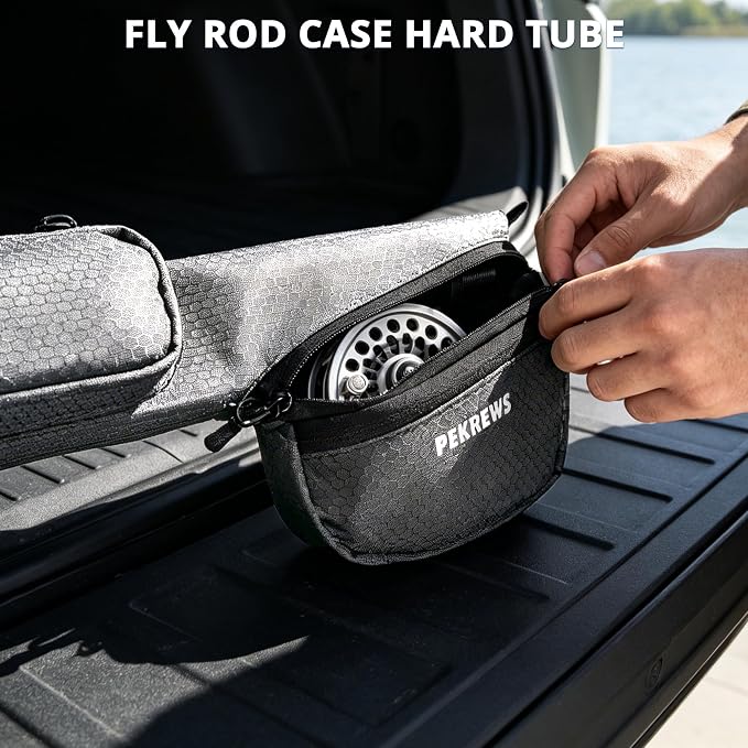 PEKREWS Fly Rod Case, 30.5" Fishing Rod Bag Fit 9' 4-Piece Fly Rod and Reel with 2 Side Pockets, Padded Reel Pouch, Shoulder Strap, Portable Travel Fly Rod Tube, Fishing Pole Holder For Angler, Grey