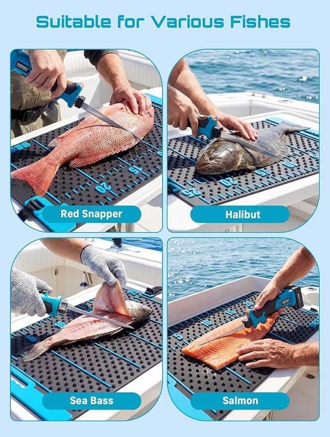 Seesii Cordless Electric Fillet Knife and Fish Fillet Mat Set, High Speed Rechargeble Filet Knife, Non-Slip Grip, Anti-slip Texture With 25" Integrated Ruler for Filleting and Meat Slicing