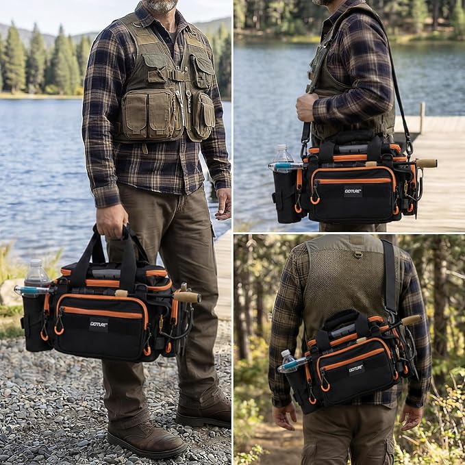 Goture Fishing Tackle Bag, 600D Water-Resistant Soft Side Crossbody Sling Bag with Rod Holder,Small Gear Storage Tactical Bags for Saltwater & Freshwater,Fits 4 3600 Tackle Boxes (Not Included)