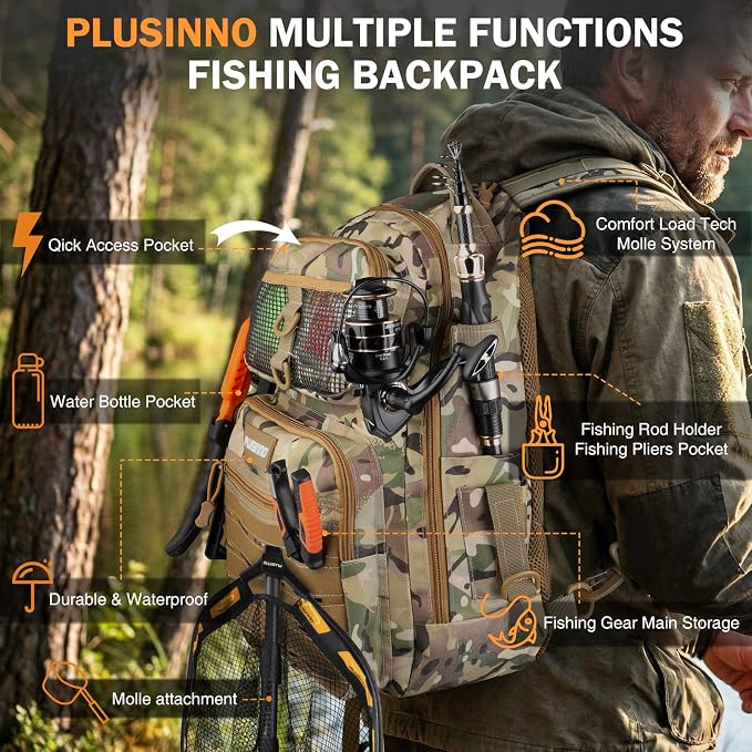 PLUSINNO Fishing Backpack with Fishing Gear Fishing Net, Waterproof Tackle Backpack with Rod Holders, Tackle Box, Lures, Tools, Pliers & Accessories, Fish Gifts for Men