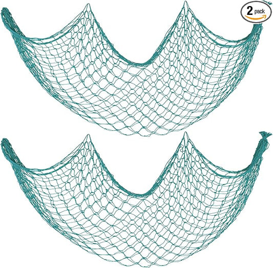 Decorative Fishing Net 2 Pack, 5x10 ft Large Aqua Fish Net Decor for Wall, Photo Display, Nautical Mermaid Pirate Ocean Themed Beach Hawaii Under the Sea Party Decorations