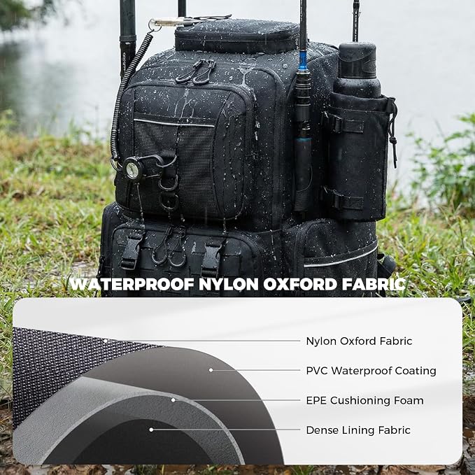 WANOON Fishing Backpack 45L - Waterproof with Insulated Bait Pocket & 4 Rod Holders | Easy-to-Clean Cooler Liner
