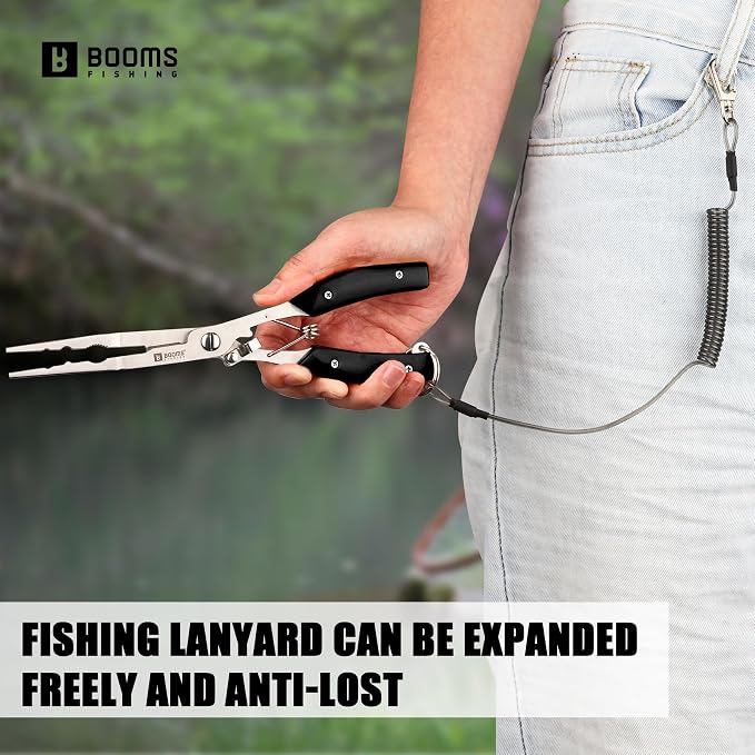 Booms Fishing Pliers Hook Remover: 8" Long Nose Fish Pliers Stainless Steel for Saltwater - Braid Line Cutters with Coiled Lanyard and Safety Lock Design, Multi-Function Fishing Tool For Men, H06