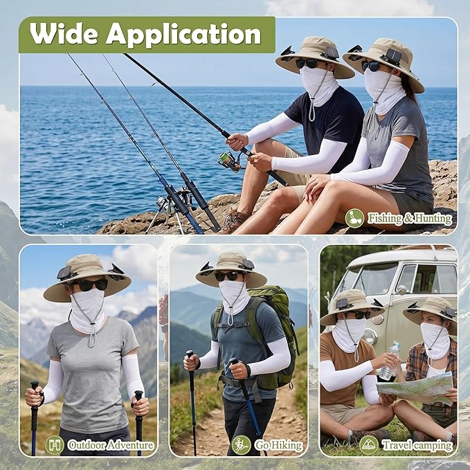 Syhood Solar Powered Fan Hat Neck Gaiter Arm Sleeves Sun Bucket Hat with Fan Cooling Wide Brim Hats for Fishing Hiking